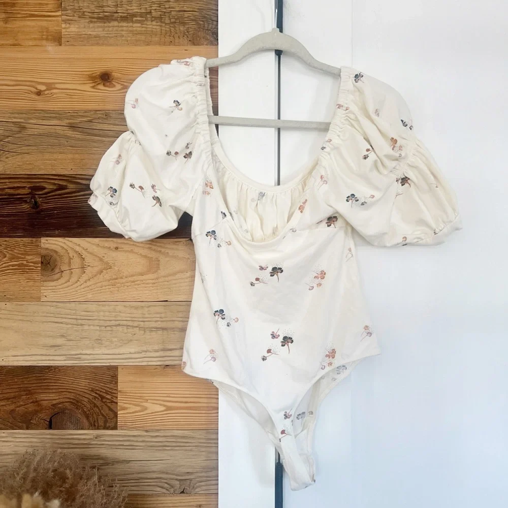 Free People Play Date Bodice Puff Sleeve Bodysuit Small